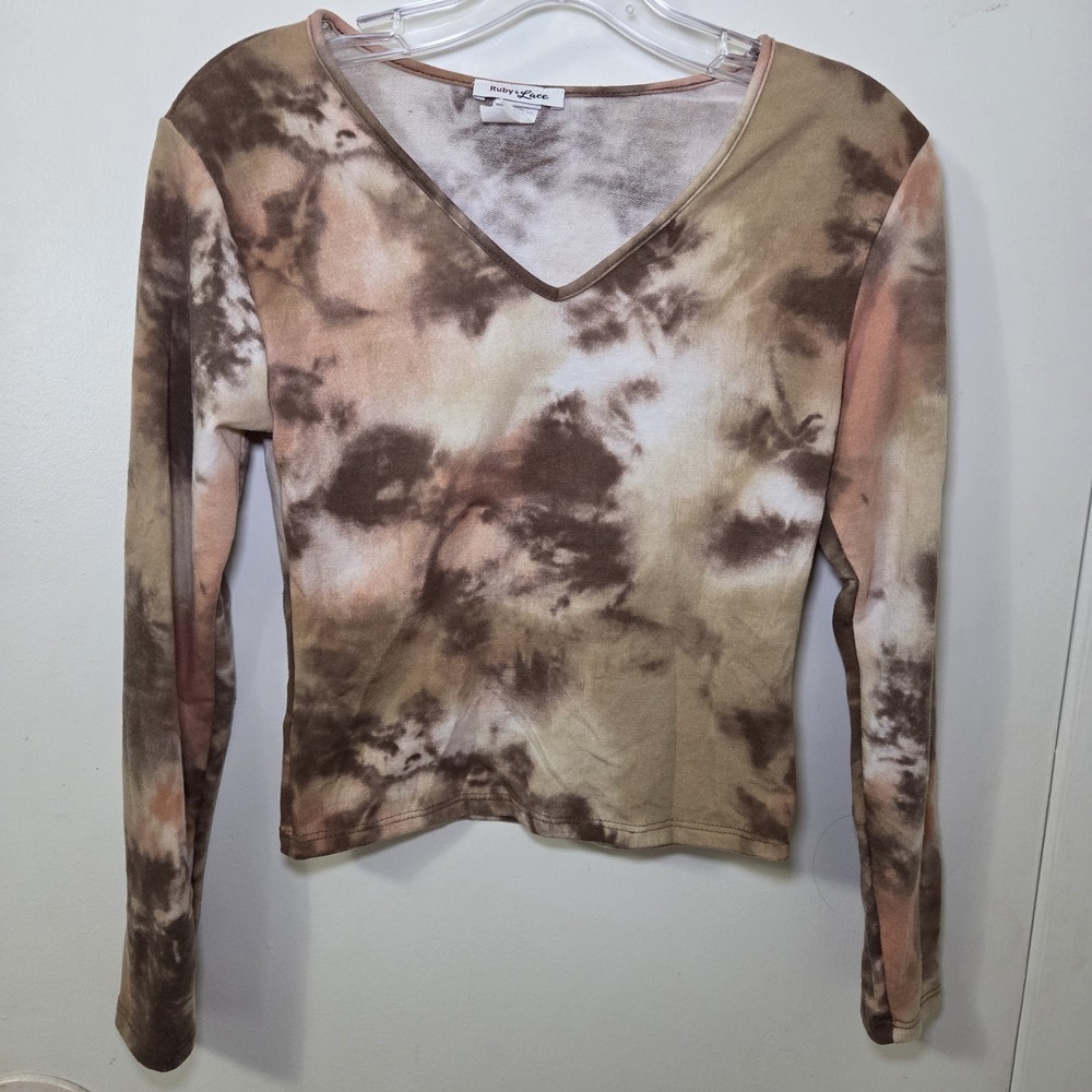 Vtg Tie‎ Dye Long Sleeve Cropped Top Womens Medium Brown Beige V Neck Stretch